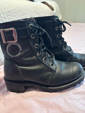 Harley-Davidson Women's Black Lace-Up Leather Moto Boots with Buckle